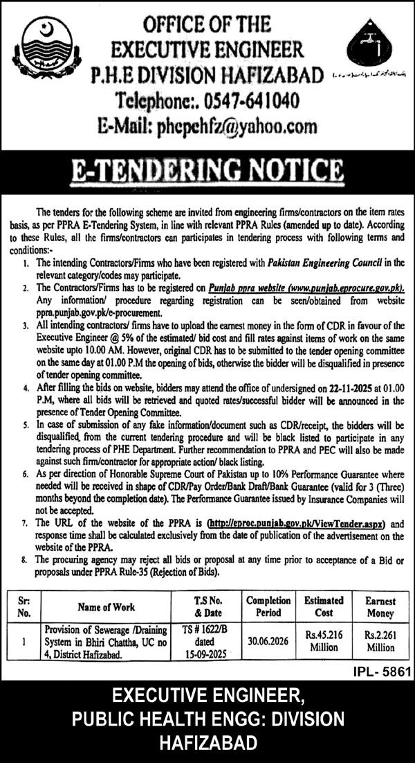 PHE Division Hafizabad Tender Notice